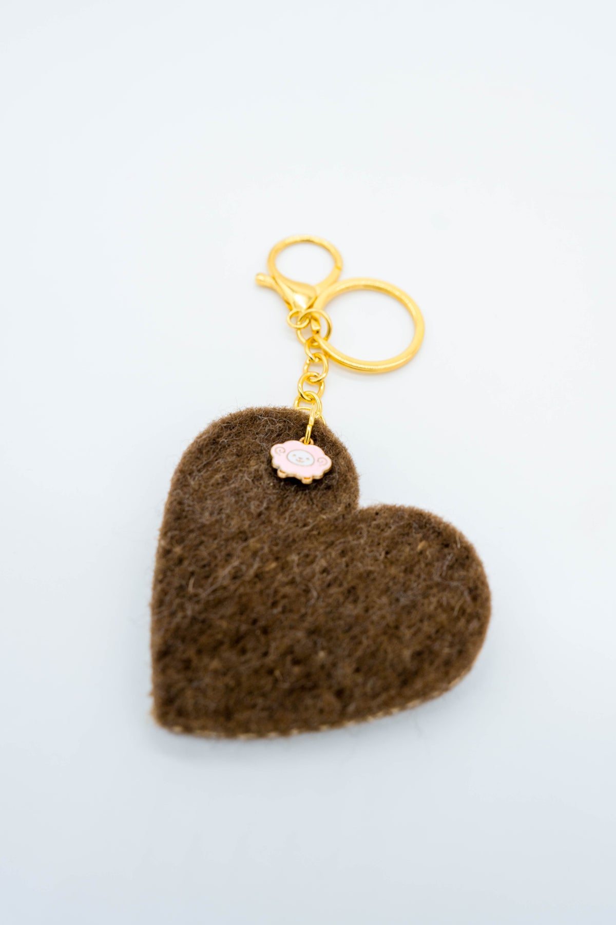 Sheepy Life brown wool bag charm with pink sheep and gold lobster clasp