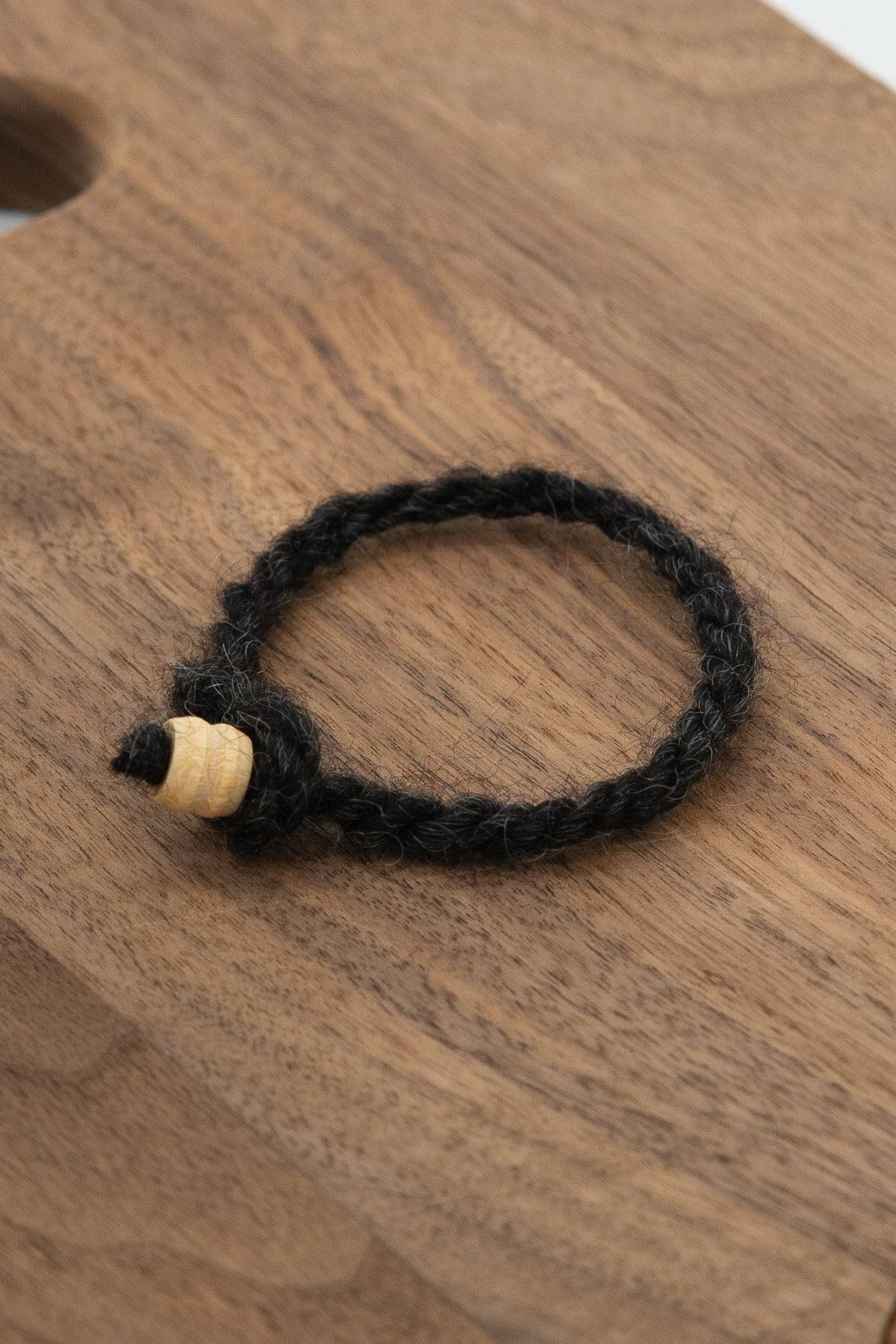 black wool bracelet made from Fiona the Finnsheep