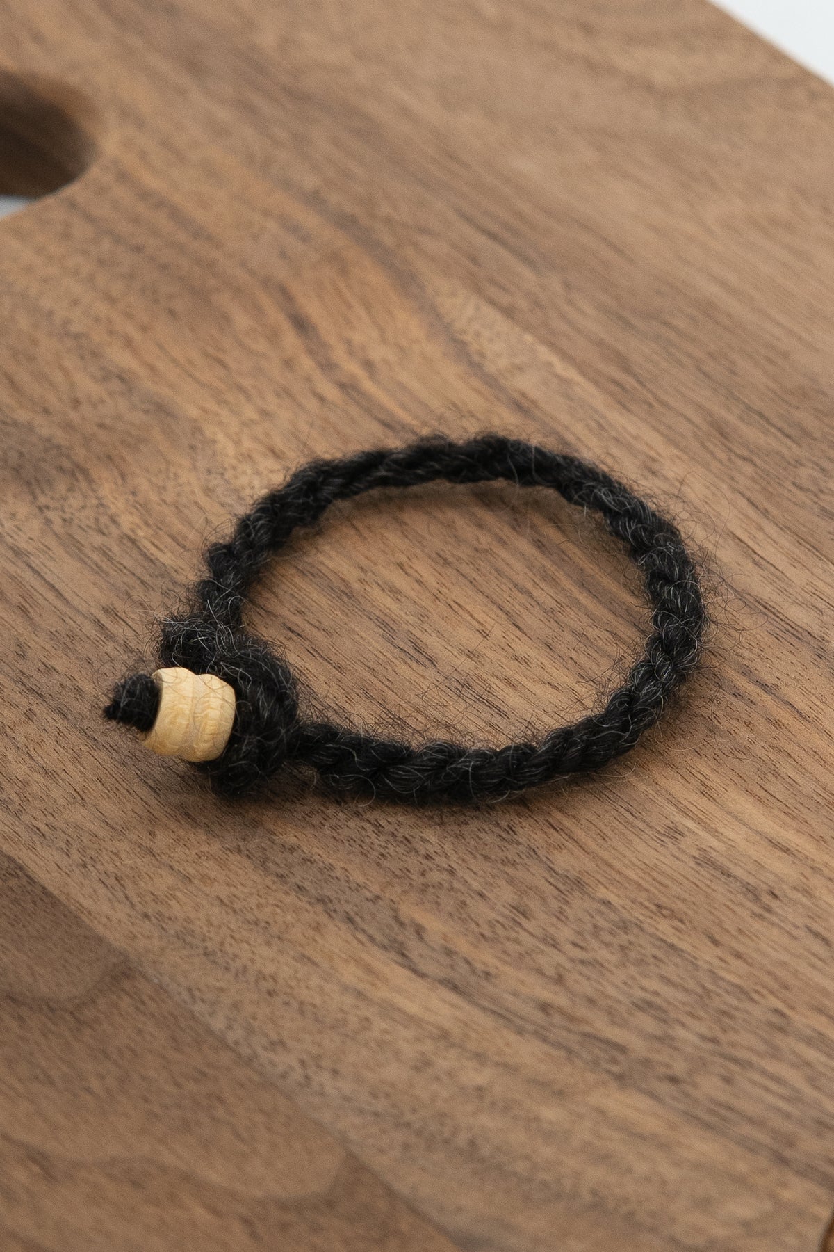 black wool bracelet made from Fiona the Finnsheep