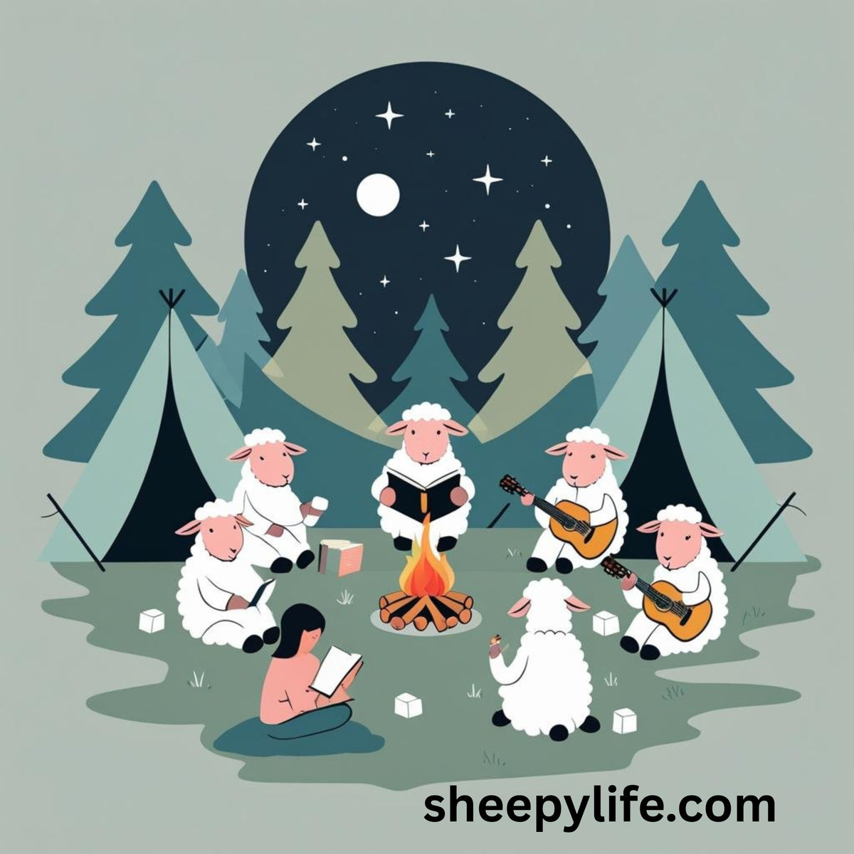 Sheep sticker camping by the fire 