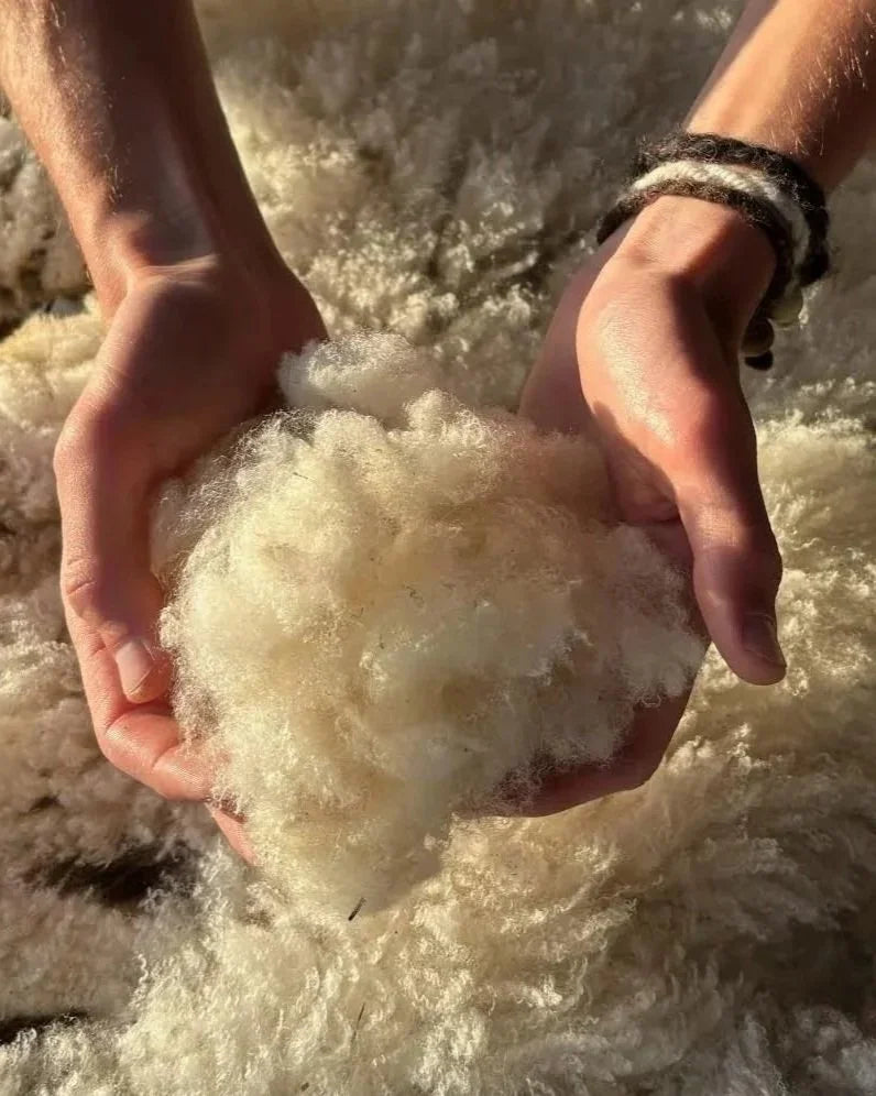 Hands holding soft sheep wool used to make Sheepy Life bracelets