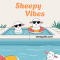 Sheep summer sticker with sheep in the swimming pool with sunglasses and the words "Sheepy Vibes" and the website "sheepylife.com"