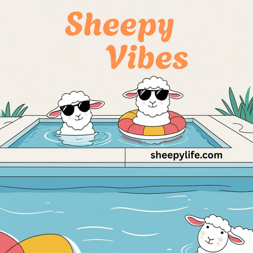 Sheep summer sticker with sheep in the swimming pool with sunglasses and the words "Sheepy Vibes" and the website "sheepylife.com"