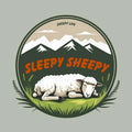 Sheep sticker sleeping sheep in the grass with mountains in the background